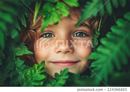little child close up face looking throung green foliage 124366883