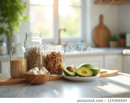 glass jars filled with different plant-based protein sources - quinoa, lentils, almonds. glass jars filled with different plant-based protein sources - quinoa, lentils, almonds. 124366884