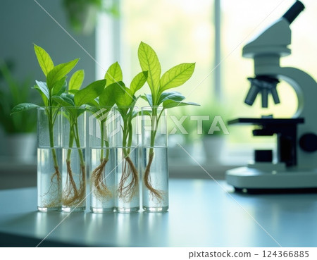 laboratory environment with rows of small plants growing in transparent containers laboratory environment with rows of small plants growing in transparent containers 124366885