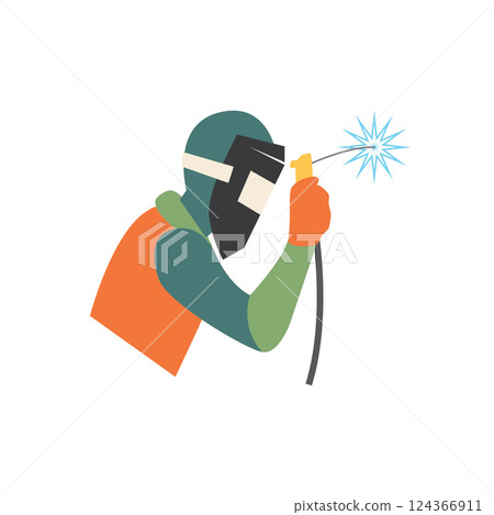 Welder wearing a mask in the sparks of metalwork Welder wearing a mask in the sparks of metalwork 124366911