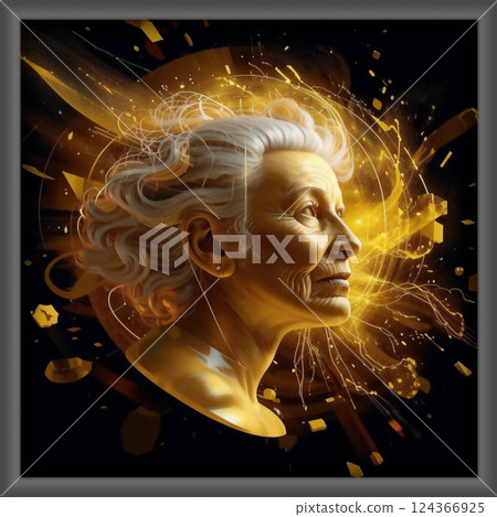 Golden portrait of old age.   Framed with a frame. The appearance of an elderly woman of respectable age. AI generated. 124366925