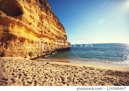 Coastal rocky seascape, view of Praia da Marinha beach in Algarve region in Atlantic ocean, Portugal, Europe 124366947