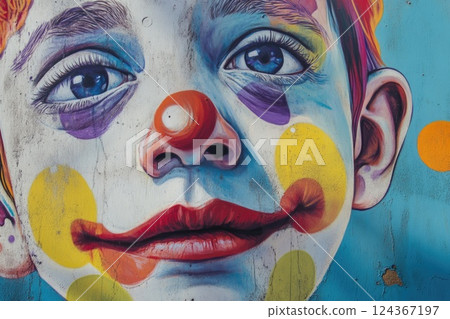 little boy with sad clown make up. mural drawing 124367197