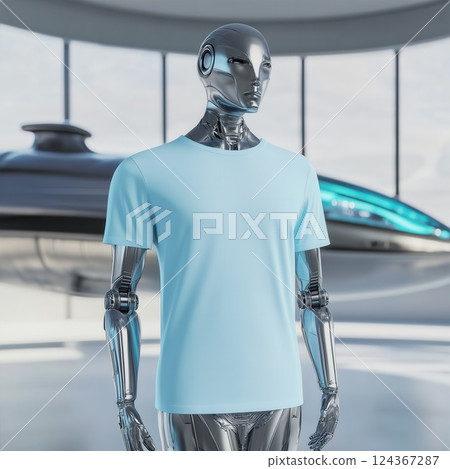 Robot android with sleek, metallic body wearing lilac short sleeve shirt. Basic oversized t-shirt mockup. Unisex casual sport tee template with futuristic background 124367287