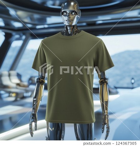 Robot android with sleek, metallic body wearing lilac short sleeve shirt. Basic oversized t-shirt mockup. Unisex casual sport tee template with futuristic background 124367305