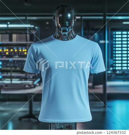 Robot android with sleek, metallic body wearing lilac short sleeve shirt. Basic oversized t-shirt mockup. Unisex casual sport tee template with futuristic background 124367332