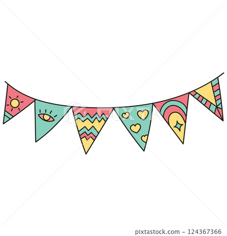 boho groovy easter Colorful decorative bunting with playful designs and shapes. in doodle color line style 124367366