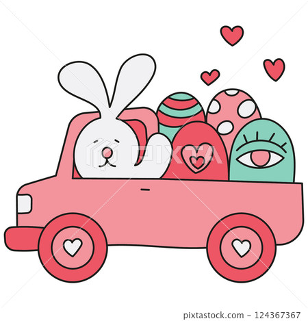 boho groovy easter Cute bunny in a pink truck carrying colorful Easter eggs and hearts. in doodle color line style 124367367