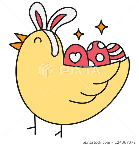 boho groovy easter Cute chick with bunny ears holding colorful Easter eggs. in doodle color line style 124367372