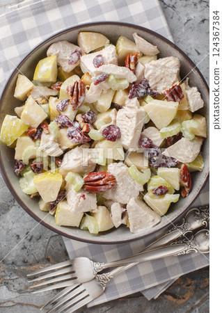 Autumn chicken salad with celery, apple, pecan, and cranberry close-up in a bowl. Vertical top view 124367384