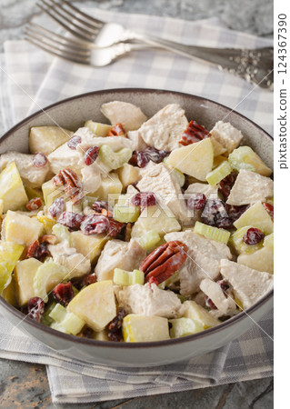 Fall Chicken Salad with crisp apples and celery, savory pecans, sweet cranberries and a creamy  flavorful dressing close-up in a bowl. Vertical 124367390