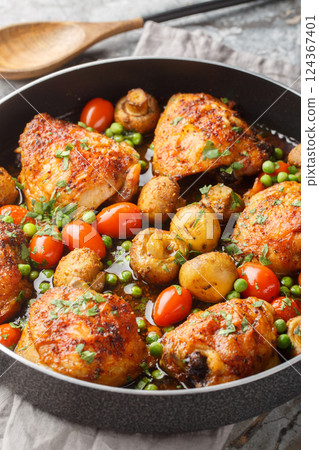 Homemade Chicken thighs baked with mushrooms, green peas, cherry tomatoes, garlic and herbs close-up in a frying pan. Vertical 124367401