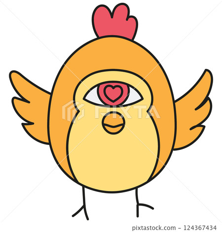 boho groovy easter Colorful cartoon bird with a heart in its eye and a playful expression. in doodle color line style 124367434