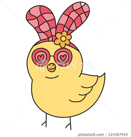 boho groovy easter Colorful cartoon chick with bunny ears and glasses. in doodle color line style boho groovy easter Colorful cartoon chick with bunny ears and glasses. in doodle color line style 124367443