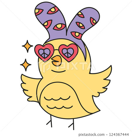 boho groovy easter Cute cartoon bird wearing heart-shaped glasses and colorful bunny ears. in doodle color line style boho groovy easter Cute cartoon bird wearing heart-shaped glasses and colorful bunny ears. in doodle color line style 124367444