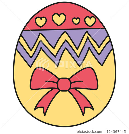 boho groovy easter Colorful decorative Easter egg with a bow and patterns. in doodle color line style 124367445