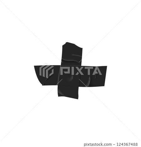 Black sticky scotch tape stripes cross form, adhesive wrinkled pieces, vector realistic torn glued masking duct tape 124367488