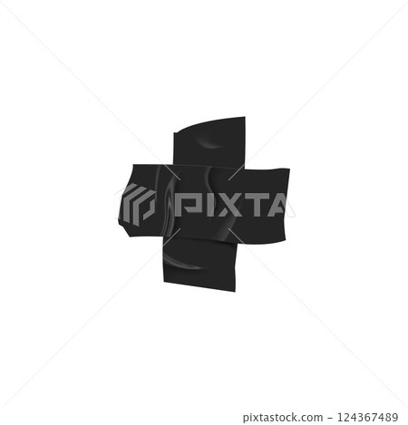 3d vector illustration of black adhesive tape strips with wrinkles, glued in the form of a cross. 124367489