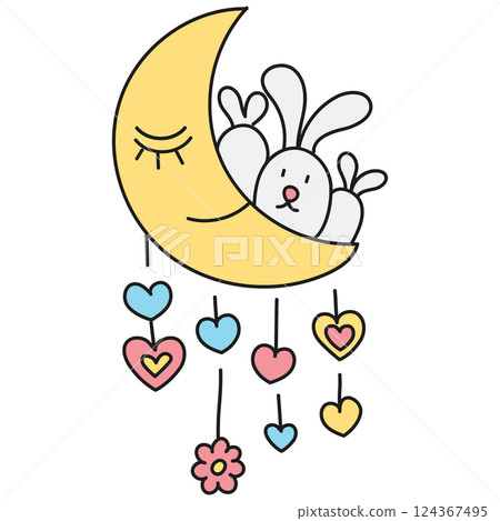 boho groovy easter Cute bunny resting on a crescent moon with colorful hearts hanging. in doodle color line style boho groovy easter Cute bunny resting on a crescent moon with colorful hearts hanging. in doodle color line style 124367495