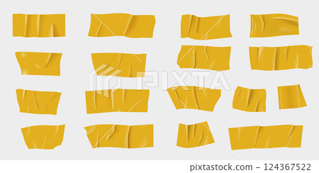 Set of 3d illustration of a piece of yellow sticky tape with wrinkles. Torn off sticky strip of scotch tape. Realistic design. Blank label or sticker. Photo collage. Isolated background. 124367522