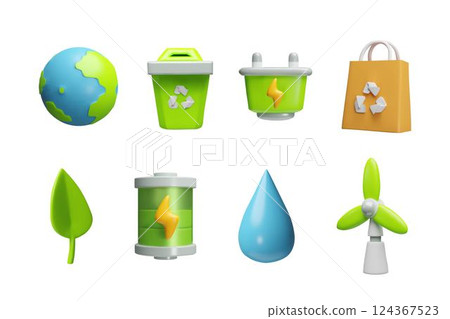 Green energy symbols, environmental theme vector icon set, 3D cartoon Earth planet and water drop, wind turbine, recycle Green energy symbols, environmental theme vector icon set, 3D cartoon Earth planet and water drop, wind turbine, recycle 124367523
