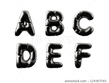 3D set of English alphabet letters A, B, C, D, E, F, volumetric inflatable figures. 124367543