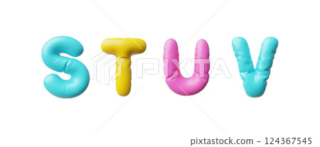 English alphabet uppercase letters S T U V from inflated balloon different colors 3D vector icon set, volume type symbol English alphabet uppercase letters S T U V from inflated balloon different colors 3D vector icon set, volume type symbol 124367545