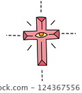 boho groovy easter Symbolic cross with an eye, featuring a pink design. in doodle color line style 124367556