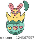 boho groovy easter Cute chick with bunny ears emerging from an Easter egg. in doodle color line style 124367557