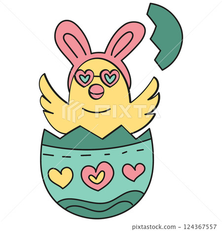 boho groovy easter Cute chick with bunny ears emerging from an Easter egg. in doodle color line style boho groovy easter Cute chick with bunny ears emerging from an Easter egg. in doodle color line style 124367557