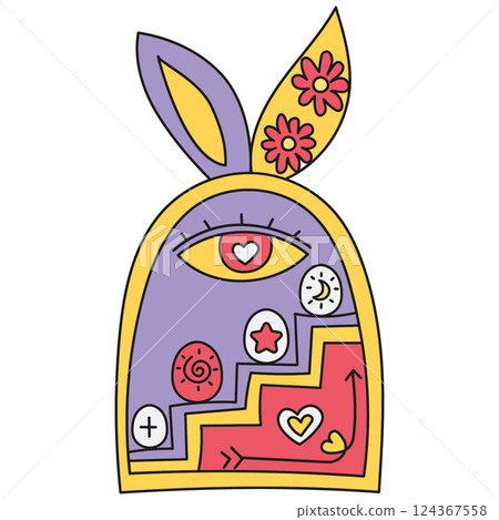 boho groovy easter Colorful abstract illustration with eyes and hearts. in doodle color line style 124367558