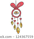 boho groovy easter Colorful dreamcatcher design featuring bunny ears and hearts. in doodle color line style 124367559