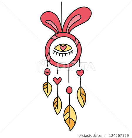 boho groovy easter Colorful dreamcatcher design featuring bunny ears and hearts. in doodle color line style boho groovy easter Colorful dreamcatcher design featuring bunny ears and hearts. in doodle color line style 124367559