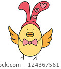 boho groovy easter Cute cartoon bird wearing bunny ears and a bow tie with hearts. in doodle color line style 124367561