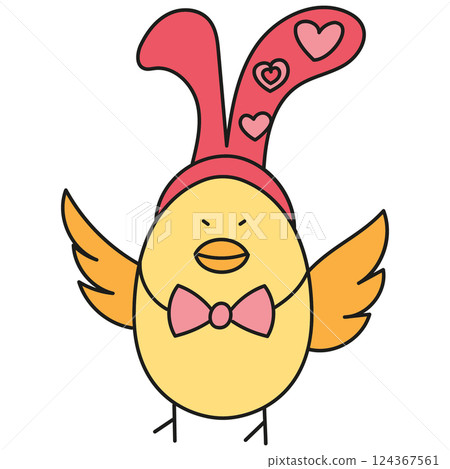 boho groovy easter Cute cartoon bird wearing bunny ears and a bow tie with hearts. in doodle color line style boho groovy easter Cute cartoon bird wearing bunny ears and a bow tie with hearts. in doodle color line style 124367561