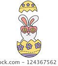 boho groovy easter Cute rabbit emerging from a decorated Easter egg with heart-shaped glasses. in doodle color line style 124367562