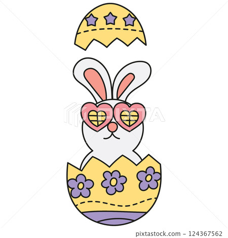 boho groovy easter Cute rabbit emerging from a decorated Easter egg with heart-shaped glasses. in doodle color line style boho groovy easter Cute rabbit emerging from a decorated Easter egg with heart-shaped glasses. in doodle color line style 124367562