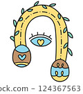 boho groovy easter Colorful abstract design with eye and leaves. in doodle color line style 124367563
