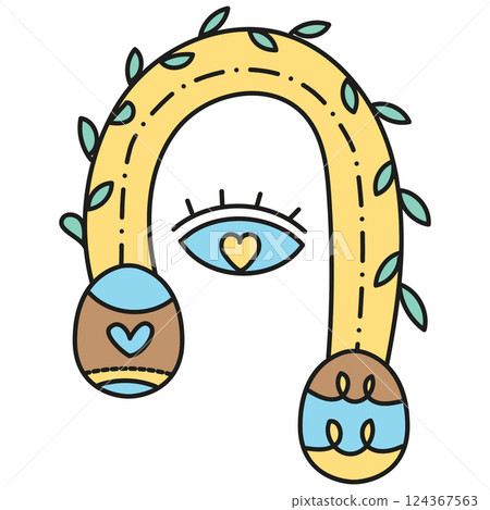 boho groovy easter Colorful abstract design with eye and leaves. in doodle color line style boho groovy easter Colorful abstract design with eye and leaves. in doodle color line style 124367563