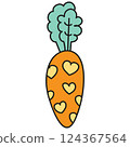 boho groovy easter Colorful carrot illustration with hearts and green leaves. in doodle color line style 124367564