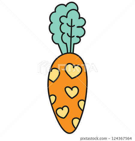 boho groovy easter Colorful carrot illustration with hearts and green leaves. in doodle color line style boho groovy easter Colorful carrot illustration with hearts and green leaves. in doodle color line style 124367564