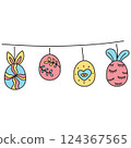 boho groovy easter Colorful Easter eggs hanging on a string for decoration. in doodle color line style 124367565