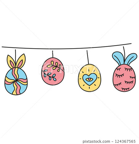 boho groovy easter Colorful Easter eggs hanging on a string for decoration. in doodle color line style boho groovy easter Colorful Easter eggs hanging on a string for decoration. in doodle color line style 124367565