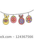 boho groovy easter Colorful decorative eggs with playful designs hanging on a string. in doodle color line style 124367566