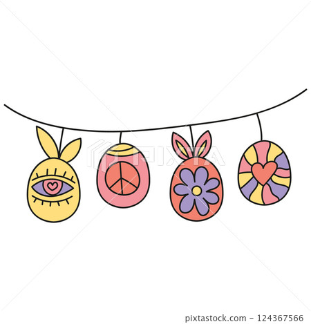 boho groovy easter Colorful decorative eggs with playful designs hanging on a string. in doodle color line style boho groovy easter Colorful decorative eggs with playful designs hanging on a string. in doodle color line style 124367566