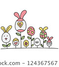 boho groovy easter Colorful Easter eggs and bunnies in a whimsical garden setting. in doodle color line style 124367567