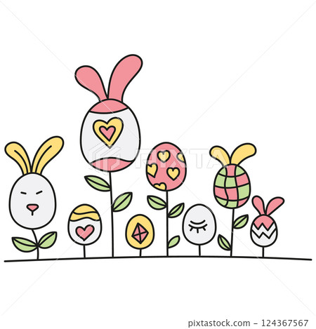 boho groovy easter Colorful Easter eggs and bunnies in a whimsical garden setting. in doodle color line style boho groovy easter Colorful Easter eggs and bunnies in a whimsical garden setting. in doodle color line style 124367567