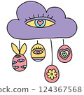 boho groovy easter Colorful cloud with hanging decorated eggs and a prominent eye motif. in doodle color line style 124367568