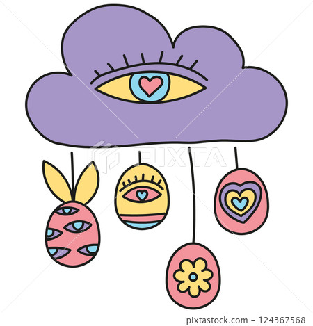 boho groovy easter Colorful cloud with hanging decorated eggs and a prominent eye motif. in doodle color line style boho groovy easter Colorful cloud with hanging decorated eggs and a prominent eye motif. in doodle color line style 124367568