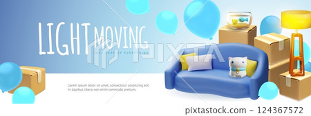Light moving service 3D vector banner, cardboard boxes stack, sofa, lamp, aquarium and cat, delivery, transportation 124367572